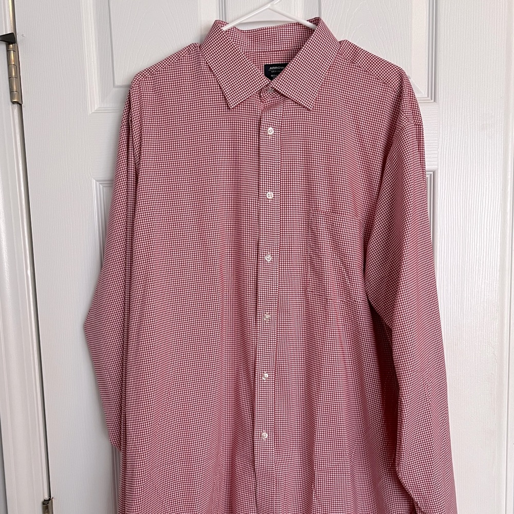 Arrow button down dress shirt. 17.5, 36/37. XL. Red and white plaid.